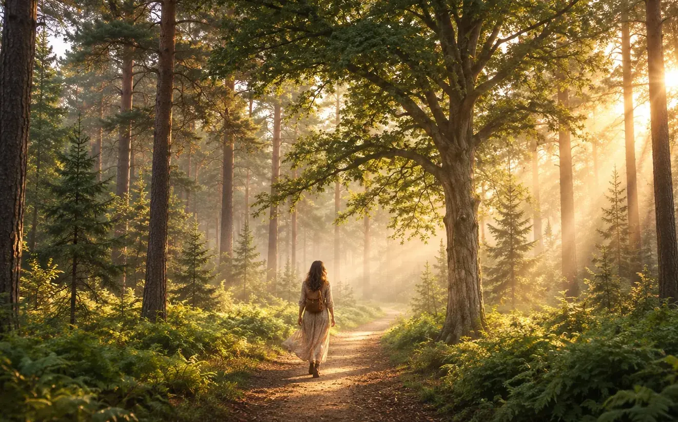 Femme marchant sur un sentier ensoleillé dans une forêt