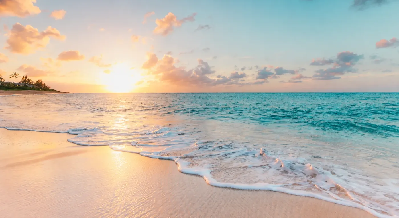 Plage et mer turquoise au coucher du soleil