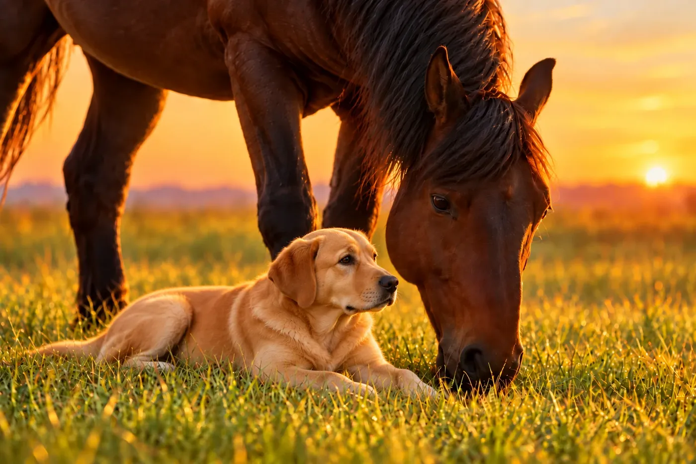 Un cheval et un labrador sable dans une prairie au coucher du soleil