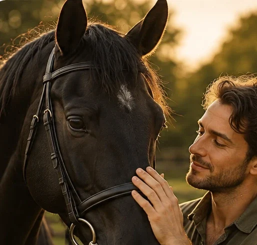 Un homme caresse un cheval noir dans la lumière dorée
